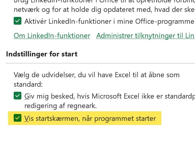 Deaktivere startskærmen, og få Excel til at starte hurtigere